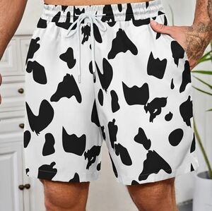 Men's Casual Drawstring Beach Shorts Cow Black & White Print Size Large